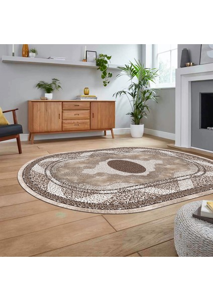 Dijital Kaymaz Taban Yıkanabilir Oval Klasik Desen Yolluk Salon Halısı, V-O-Klasik-24-Kahve, fiyatları