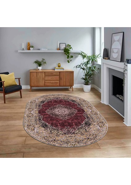 Dijital Kaymaz Taban Yıkanabilir Oval Klasik Desen Yolluk Salon Halısı, V-O-Klasik-07-Bordo,