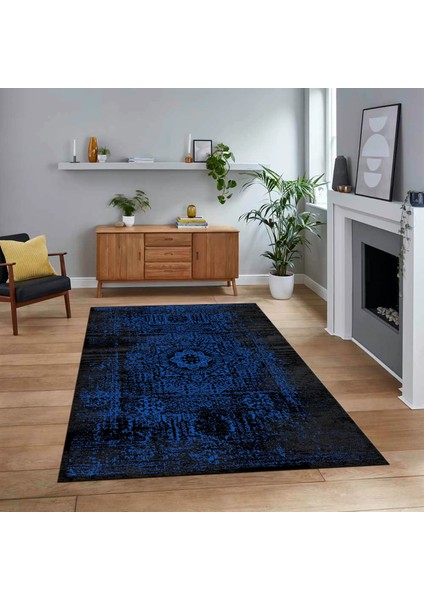 Dijital Baskılı Kaymaz Taban Yıkanabilir Klasik Desen Yolluk Salon Halısı, V-Klasik-12-Mavi,