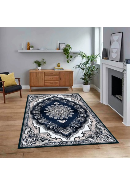 Dijital Baskılı Kaymaz Taban Yıkanabilir Klasik Desen Yolluk Salon Halısı, V-Klasik-13-Mavi,