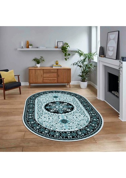 Dijital Kaymaz Taban Yıkanabilir Oval Klasik Desen Yolluk Salon Halısı, V-O-Klasik-27-Mavi,