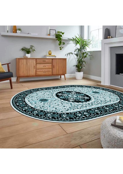 Dijital Kaymaz Taban Yıkanabilir Oval Klasik Desen Yolluk Salon Halısı, V-O-Klasik-27-Mavi, fiyatları