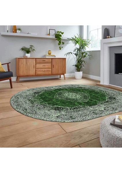 Dijital Kaymaz Taban Yıkanabilir Oval Klasik Desen Yolluk Salon Halısı, V-O-Klasik-07-Yeşil, fiyatları