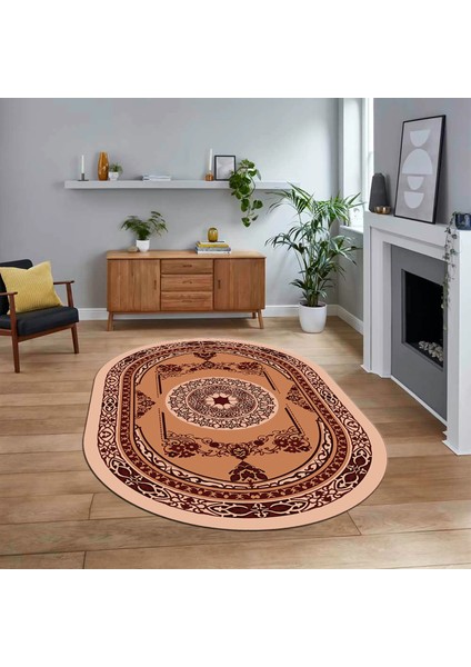 Dijital Kaymaz Taban Yıkanabilir Oval Klasik Desen Yolluk Salon Halısı, V-O-Klasik-17-Bordo,