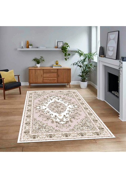 Dijital Baskılı Kaymaz Taban Yıkanabilir Klasik Desen Yolluk Salon Halısı, V-Klasik-23-Pembe,