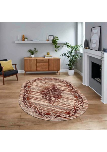 Dijital Kaymaz Taban Yıkanabilir Oval Klasik Desen Yolluk Salon Halısı, V-O-Klasik-11-Bordo,