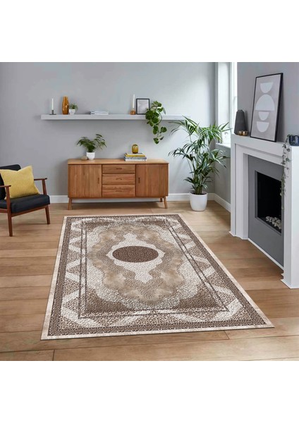 Dijital Baskılı Kaymaz Taban Yıkanabilir Klasik Desen Yolluk Salon Halısı, V-Klasik-24-Kahve,