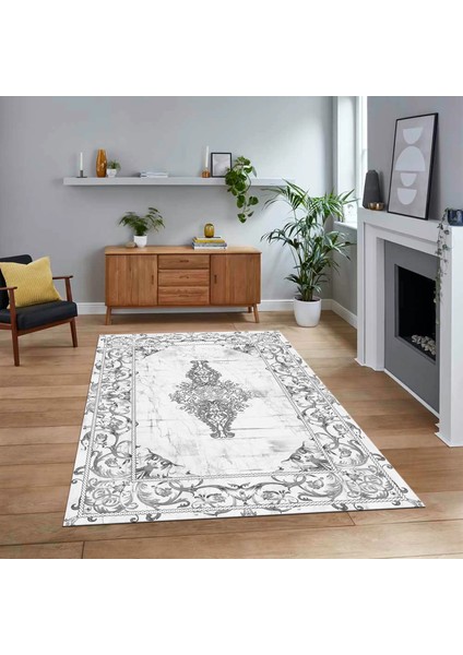 Dijital Baskılı Kaymaz Taban Yıkanabilir Klasik Desen Yolluk Salon Halısı, V-Klasik-28-Beyaz,