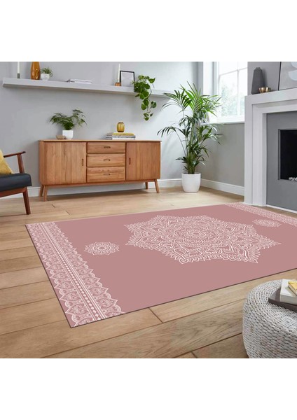 Dijital Baskılı Kaymaz Taban Yıkanabilir Klasik Desen Yolluk Salon Halısı, V-Klasik-30-Pembe,