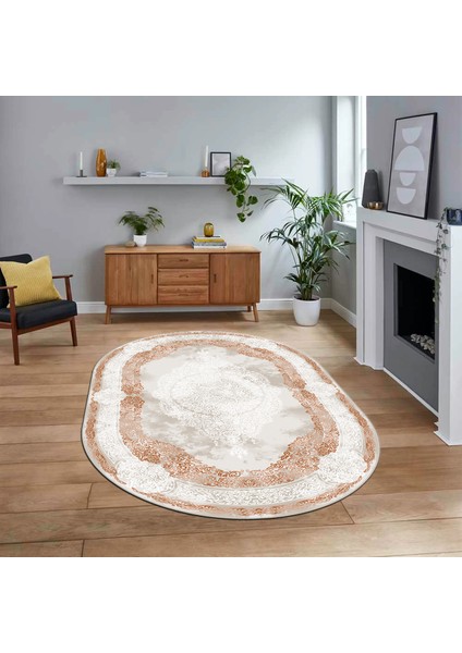 Dijital Kaymaz Taban Yıkanabilir Oval Klasik Desen Yolluk Salon Halısı, V-O-Klasik-01-Kahve,