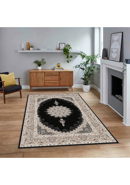 Dijital Baskılı Kaymaz Taban Yıkanabilir Klasik Desen Yolluk Salon Halısı, V-Klasik-03-Antrasit,