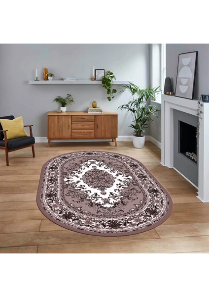Dijital Kaymaz Taban Yıkanabilir Oval Klasik Desen Yolluk Salon Halısı, V-O-Klasik-23-Bordo,