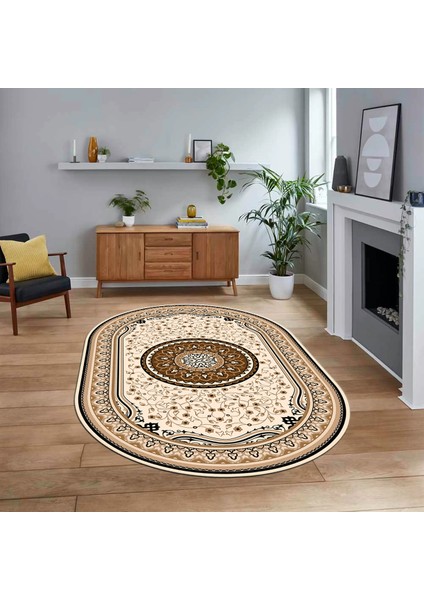 Dijital Kaymaz Taban Yıkanabilir Oval Klasik Desen Yolluk Salon Halısı, V-O-Klasik-18-Kahve,
