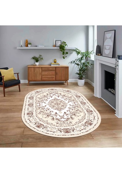 Dijital Kaymaz Taban Yıkanabilir Oval Klasik Desen Yolluk Salon Halısı, V-O-Klasik-23-Krem,