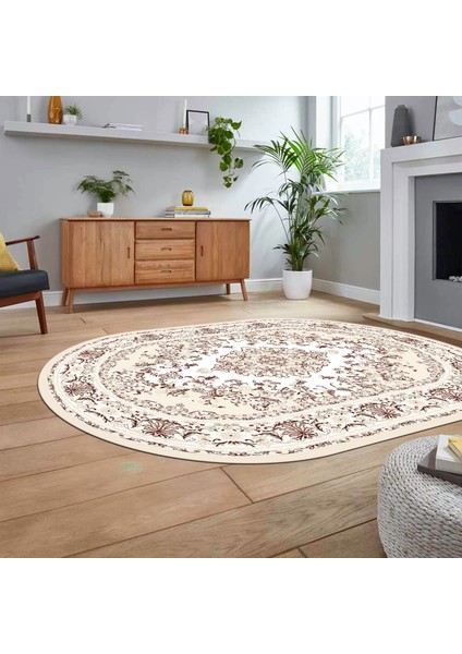 Dijital Kaymaz Taban Yıkanabilir Oval Klasik Desen Yolluk Salon Halısı, V-O-Klasik-23-Krem,