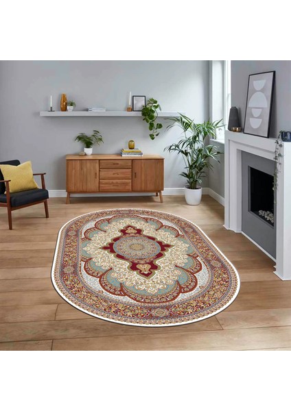Dijital Kaymaz Taban Yıkanabilir Oval Klasik Desen Yolluk Salon Halısı, V-O-Klasik-02-Bordo,