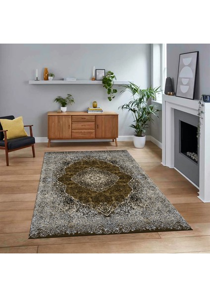 Dijital Baskılı Kaymaz Taban Yıkanabilir Klasik Desen Yolluk Salon Halısı, V-Klasik-07-Kahve,