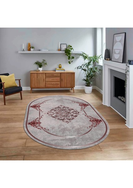 Dijital Kaymaz Taban Yıkanabilir Oval Klasik Desen Yolluk Salon Halısı, V-O-Klasik-05-Bordo,