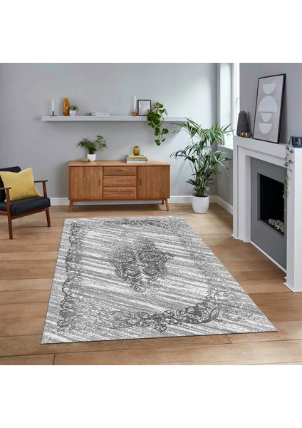 Dijital Baskılı Kaymaz Taban Yıkanabilir Klasik Desen Yolluk Salon Halısı, V-Klasik-11-Gri,