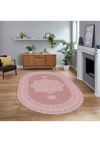 Dijital Kaymaz Taban Yıkanabilir Oval Klasik Desen Yolluk Salon Halısı, V-O-Klasik-30-Pembe,