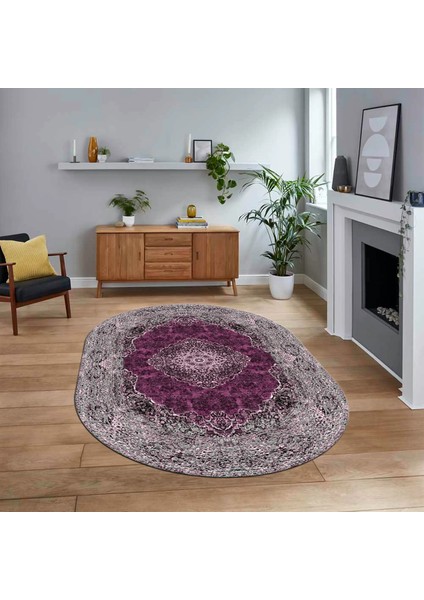 Dijital Kaymaz Taban Yıkanabilir Oval Klasik Desen Yolluk Salon Halısı, V-O-Klasik-07-Mor,