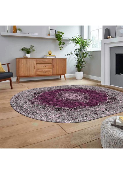 Dijital Kaymaz Taban Yıkanabilir Oval Klasik Desen Yolluk Salon Halısı, V-O-Klasik-07-Mor,