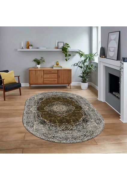 Dijital Kaymaz Taban Yıkanabilir Oval Klasik Desen Yolluk Salon Halısı, V-O-Klasik-07-Kahve,
