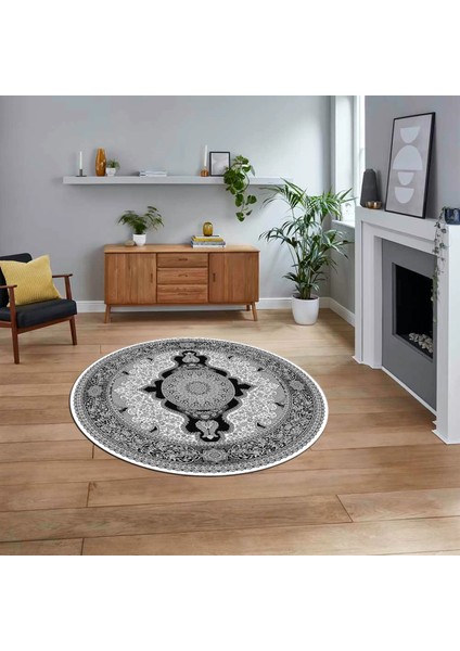 Dijital Kaymaz Taban Yıkanabilir Yuvarlak Klasik Desen Mutfak Salon Halısı, V-Y-Klasik-02-Gri,