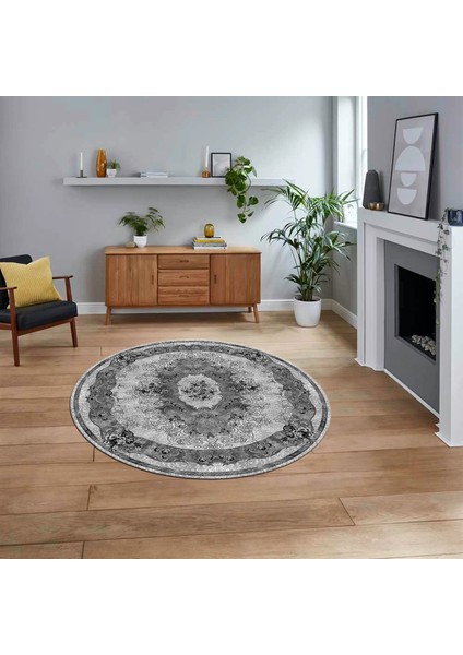 Dijital Kaymaz Taban Yıkanabilir Yuvarlak Klasik Desen Mutfak Salon Halısı, V-Y-Klasik-29-Gri,