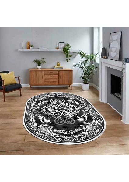 Dijital Kaymaz Taban Yıkanabilir Oval Klasik Desen Yolluk Salon Halısı, V-O-Klasik-09-Antrasit,