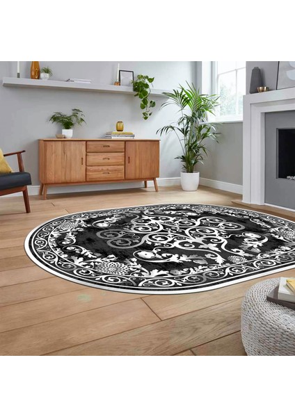 Dijital Kaymaz Taban Yıkanabilir Oval Klasik Desen Yolluk Salon Halısı, V-O-Klasik-09-Antrasit, fiyatları