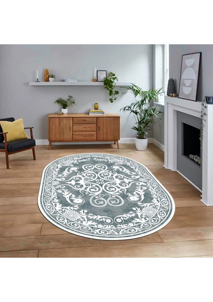 Dijital Kaymaz Taban Yıkanabilir Oval Klasik Desen Yolluk Salon Halısı, V-O-Klasik-09-Mavi,