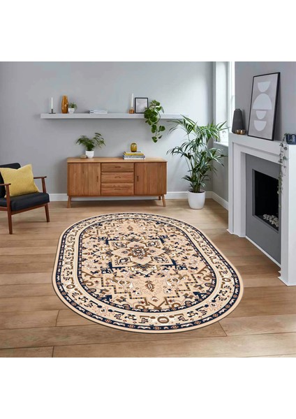 Dijital Kaymaz Taban Yıkanabilir Oval Klasik Desen Yolluk Salon Halısı, V-O-Klasik-10-Antrasit,