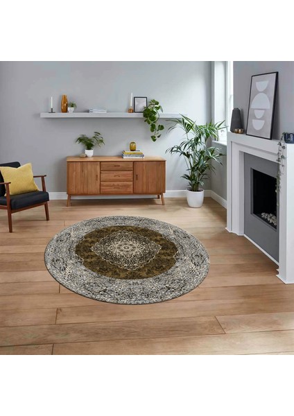 Dijital Kaymaz Taban Yıkanabilir Yuvarlak Klasik Desen Mutfak Salon Halısı, V-Y-Klasik-07-Kahve,