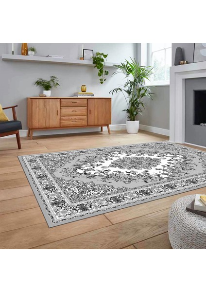 Dijital Baskılı Kaymaz Taban Yıkanabilir Klasik Desen Yolluk Salon Halısı, V-Klasik-23-Gri, fiyatları