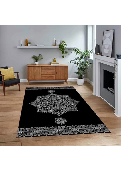 Dijital Baskılı Kaymaz Taban Yıkanabilir Klasik Desen Yolluk Salon Halısı, V-Klasik-30-Siyah,