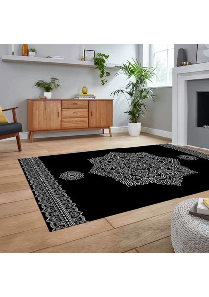 Dijital Baskılı Kaymaz Taban Yıkanabilir Klasik Desen Yolluk Salon Halısı, V-Klasik-30-Siyah,