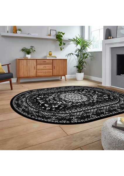 Dijital Kaymaz Taban Yıkanabilir Oval Klasik Desen Yolluk Salon Halısı, V-O-Klasik-14-Antrasit, fiyatları