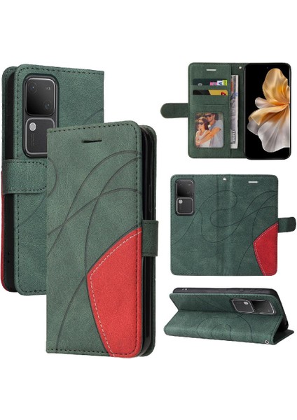 Vıvo V30 5g Için Flip Case Pu Deri Flip Folio Kılıf Iki Renkli Dikiş (Yurt Dışından)