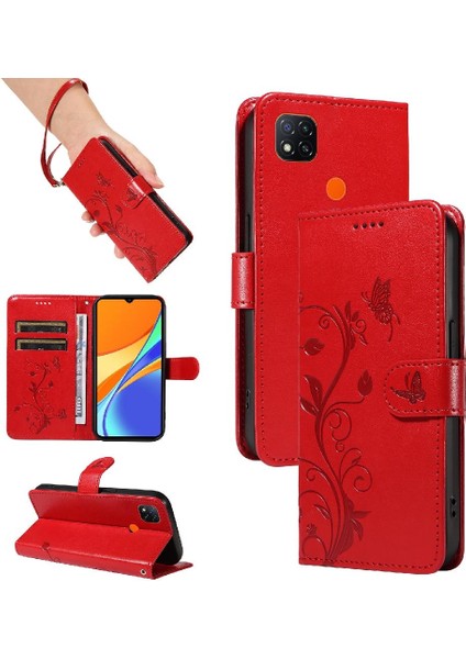 Xiaomi Redmi 9c Için Kılıf Yüksek Kalite Deri Kabartmalı Kelebek Cüzdan (Yurt Dışından)