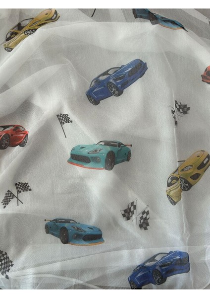 Eteği Kurşunlu Bugatti Ferrari Araba Desenli Çocuk Odası Tül Perde Ekstrafor Büzgü modelleri