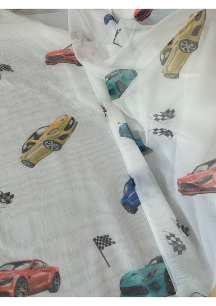 Eteği Kurşunlu Bugatti Ferrari Araba Desenli Çocuk Odası Tül Perde Ekstrafor Büzgü indirimleri