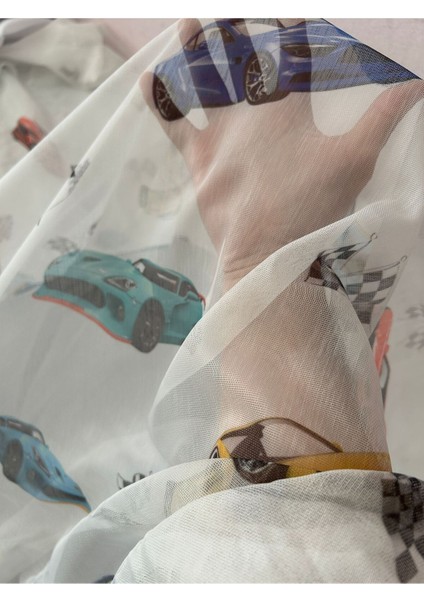 Eteği Kurşunlu Bugatti Ferrari Araba Desenli Çocuk Odası Tül Perde Ekstrafor Büzgü fiyatları