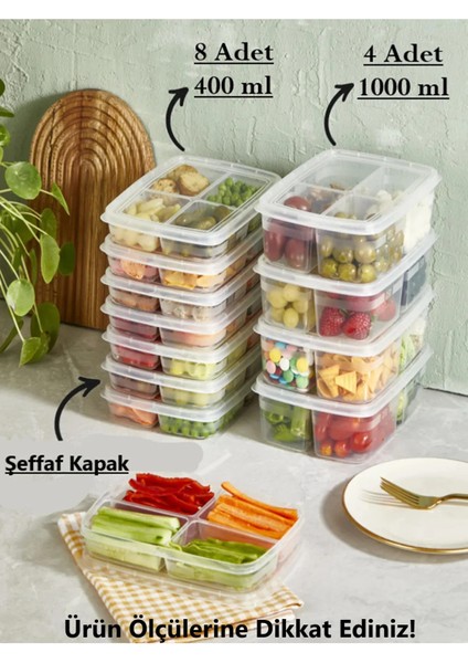 12'li Saklama Seti (8 Adet 400 Ml) (4 Adet 1000 Ml) 4 Bölmeli Öğünlük Porsiyon Saklama Kabı Buzluk