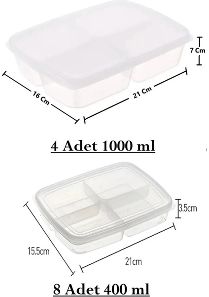 12'li Saklama Seti (8 Adet 400 Ml) (4 Adet 1000 Ml) 4 Bölmeli Öğünlük Porsiyon Saklama Kabı Buzluk