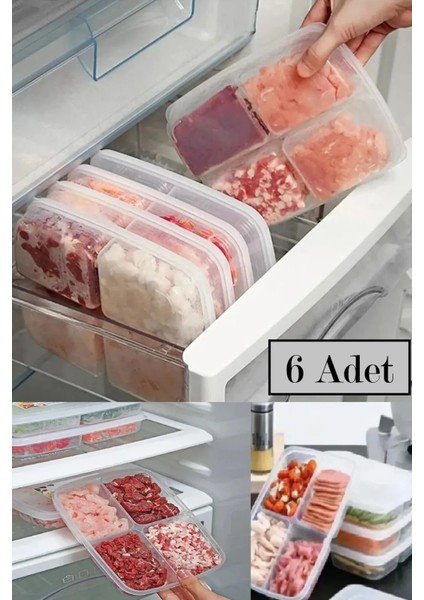 6 Adet Dondurulmuş Mini 4 Bölmeli Öğünlük Sebze Saklama Kabı Et Tavuk Suyu Kıyma Buzluk Organizer
