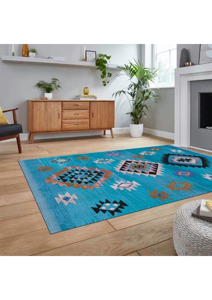 Dijital Baskılı Kaymaz Taban Yıkanabilir Etnik Desen Yolluk Salon Halısı, V-Etnik-01-Mavi, fiyatları