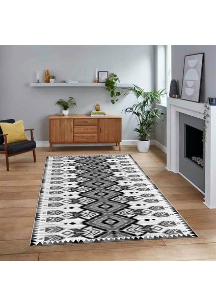 Dijital Baskılı Kaymaz Taban Yıkanabilir Etnik Desen Yolluk Salon Halısı, V-Etnik-06-Gri,