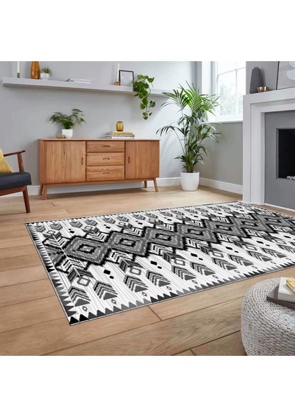 Dijital Baskılı Kaymaz Taban Yıkanabilir Etnik Desen Yolluk Salon Halısı, V-Etnik-06-Gri,
