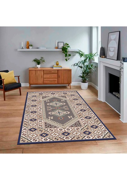 Dijital Baskılı Kaymaz Taban Yıkanabilir Etnik Desen Yolluk Salon Halısı, V-Etnik-08-Lacivert,